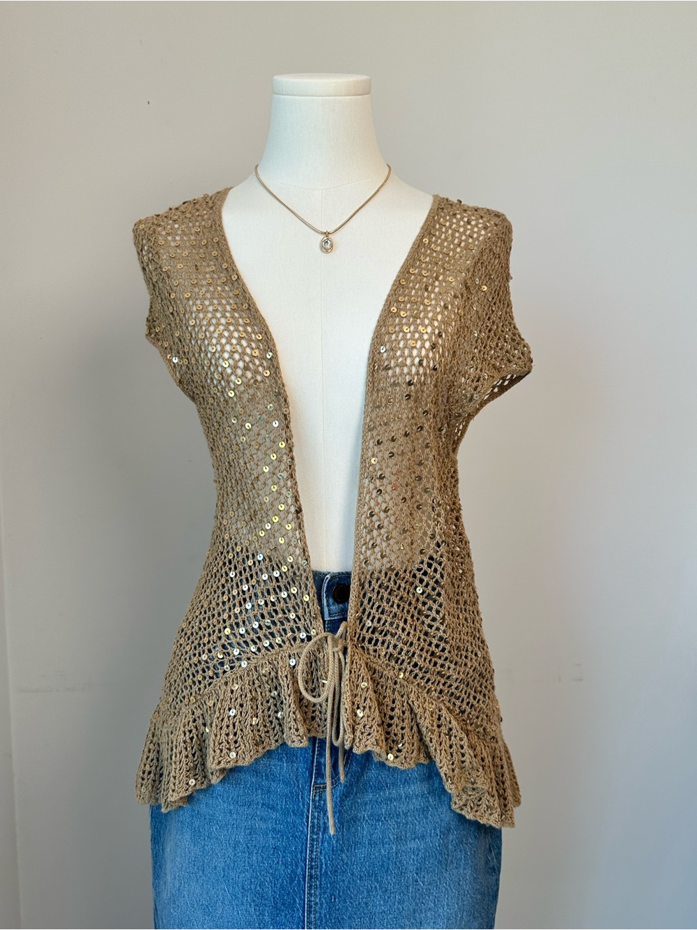 Vintage Y2K Faded Glory Bronze Gold Open-Knit Sequin Tie-Front Tunic Bolero Top